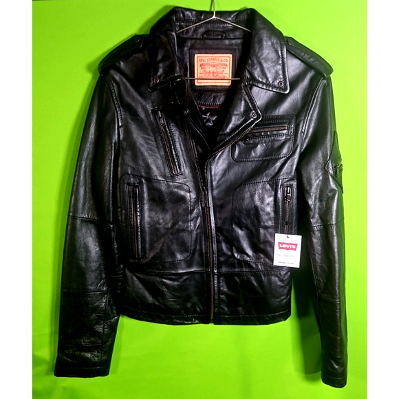 LEVI STRAUSS Co. BLACK LEATHER MOTORCYCLE BIKER JACKET-WOMEN-M -5 POCKET - Picture 3 of 13